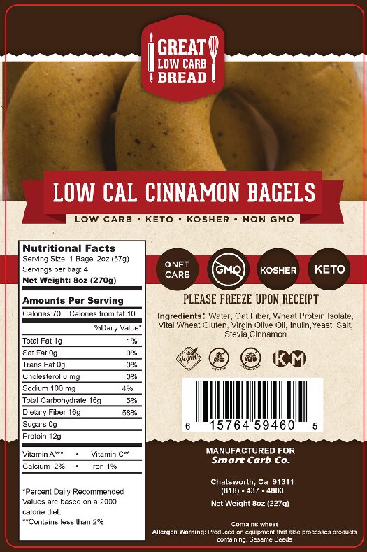 Great Low Carb 70 Calorie Cinnamon Bagels bag of 4