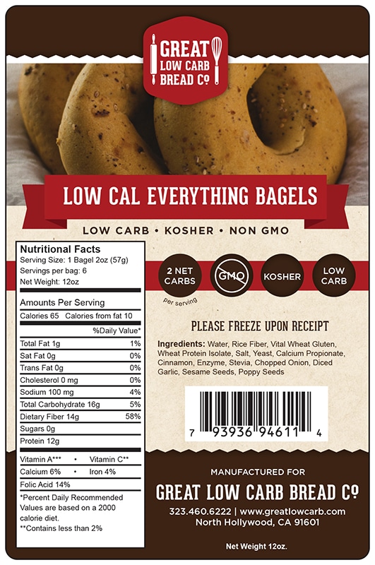 Great Low Carb 65 Calorie Everything Bagels 12 Bags Case