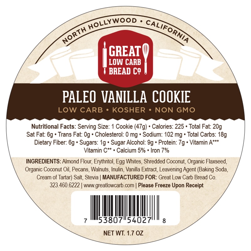 Great Low Carb Vanilla Paleo Cookie 1.7oz Pack of 12
