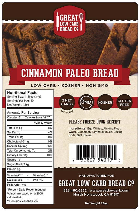 Great Low Carb Cinnamon Paleo Bread 12oz Loaf