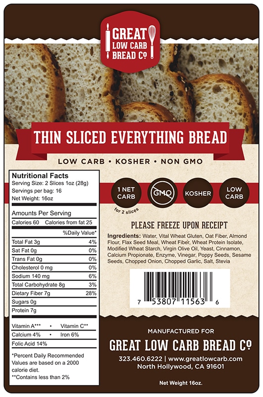 Great Low Carb Thin Sliced Everything Bread 16oz Loaf