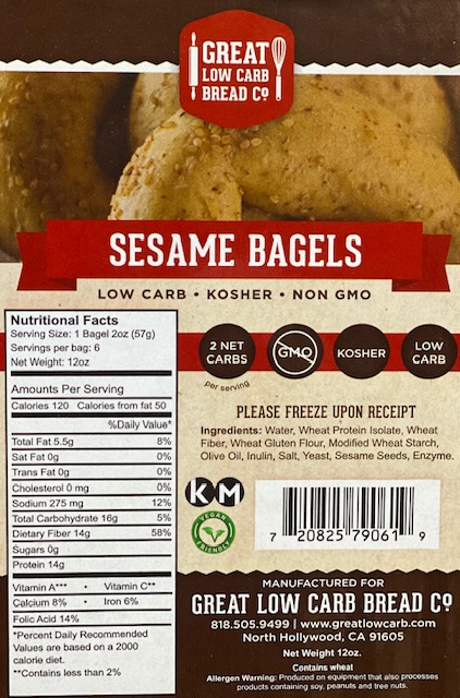 Great Low Carb Sesame Bagels 12oz Bag of 6