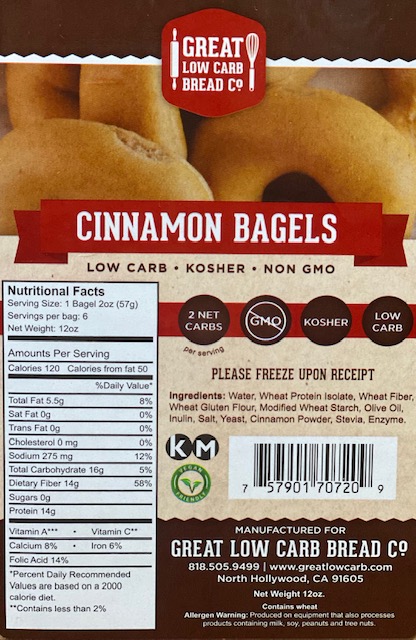Great Low Carb Cinnamon Bagels 12 Bags Case