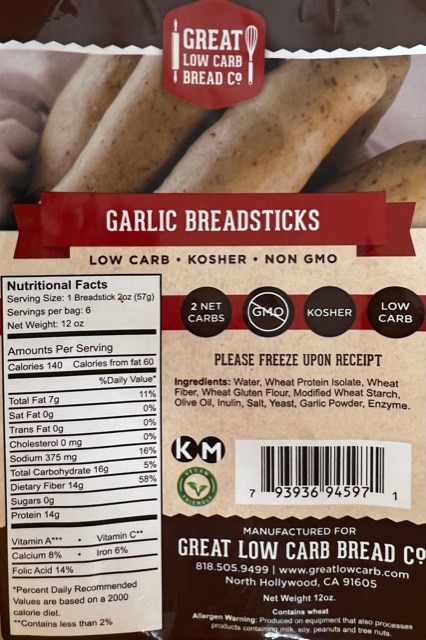 Great Low Carb Garlic Breadsticks 12 Bags Case