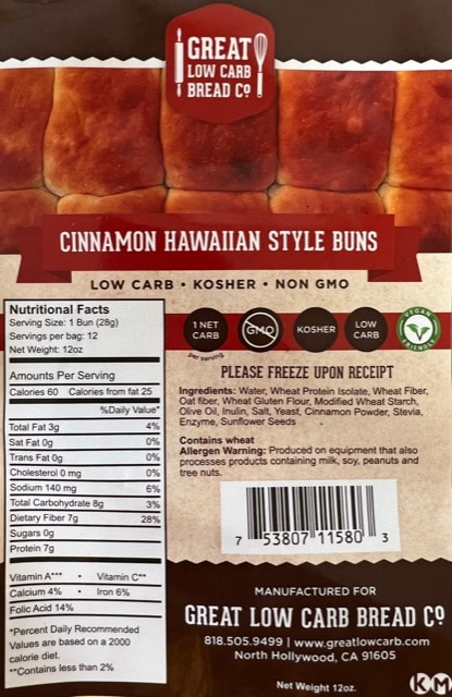 Great Low Carb Cinnamon Hawaiian Style Buns 12 Bags Case