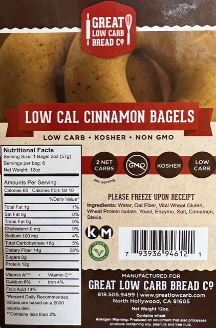 Great Low Carb 65 Calorie Cinnamon Bagels 12 Bags Case