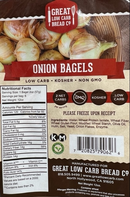 Great Low Carb Onion Bagels 12oz Bag of 6