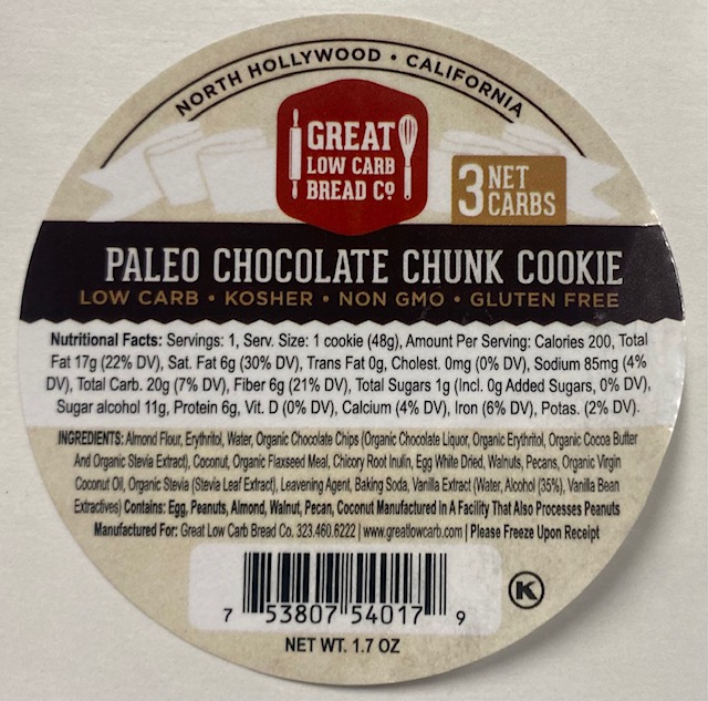 Great Low Carb Chocolate Chunk Paleo Cookie 1.7oz