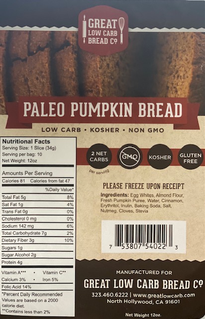 Great Low Carb Pumpkin Paleo Bread 12 oz Loaf