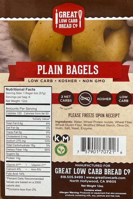 Great Low Carb Plain Bagels 12oz bag of 6
