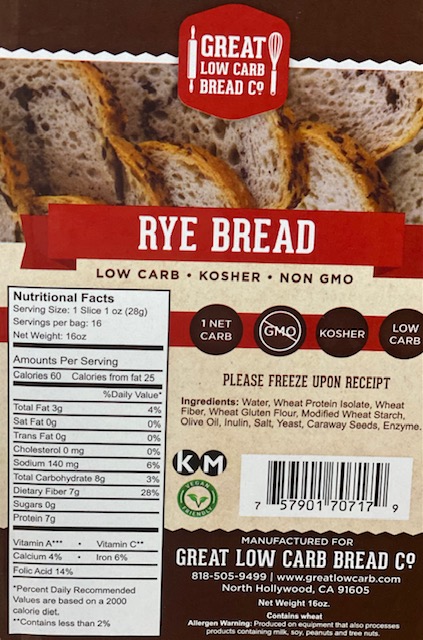 Great Low Carb Rye Bread 16oz Loaf