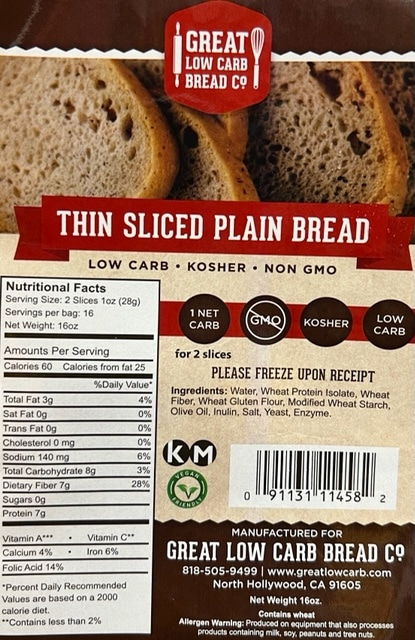 Great Low Carb Thin Sliced Plain Bread 12 Loafs Case