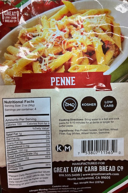 Great Low Carb Pasta Penne 8oz